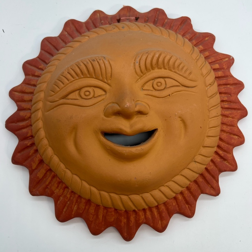 Vintage terracotta made in Mexico smiling sun face art 10” wide
